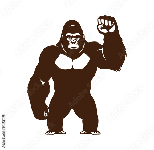 Muscular gorilla standing with one fist raised in aggressive stance