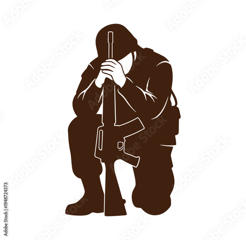 soldier kneeling with rifle and hood up isolated on transparent background