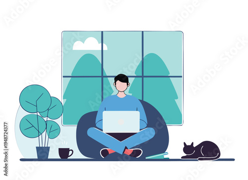 Relaxed Remote Worker in Cozy Home Setting with Laptop, Plants, and Sleeping Cat