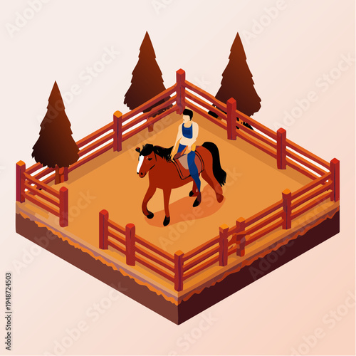 Isometric view of a person riding a horse in a fenced arena.