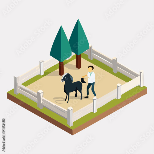Man with horse in a fenced area with trees.
