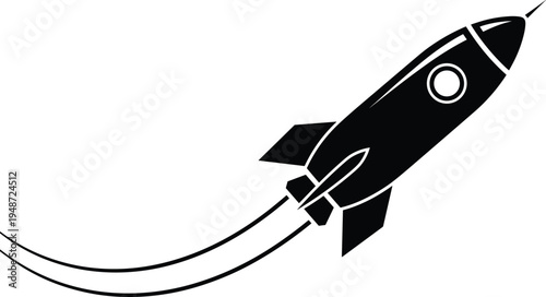 "Stylized rocket ship silhouette angled upward with motion trails, space exploration icon design, aerospace innovation symbol, futuristic technology illustration representing science, \