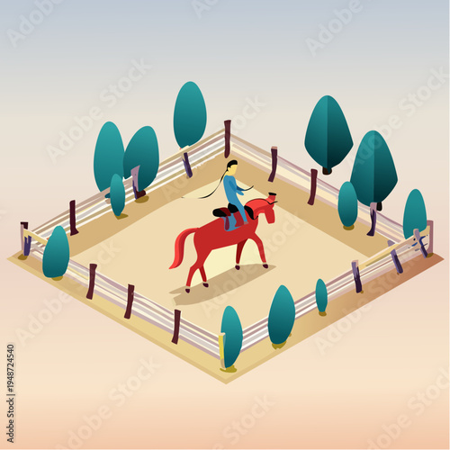Isometric illustration of a person riding a horse in a fenced arena.