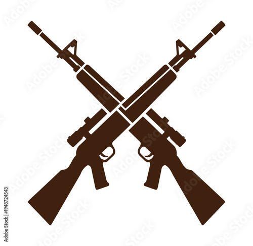 Two crossed rifles in brown silhouette on white background  military or hunting symbol