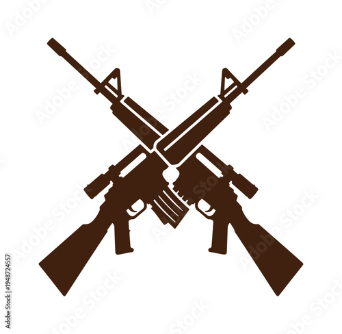 Two crossed rifles in brown silhouette on white background  symbolizing military or hunting themes