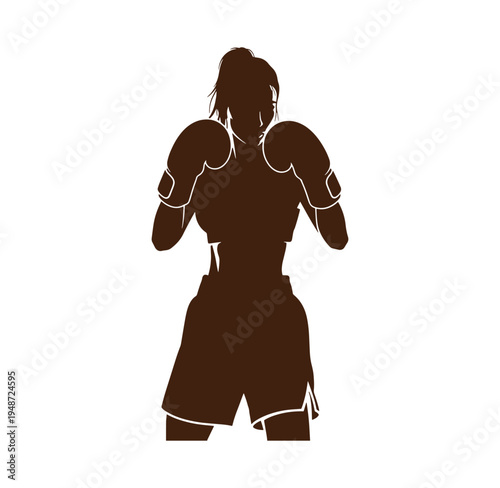 woman in boxing stance wearing gloves and shorts in brown silhouette