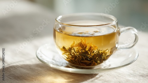 Clear glass cup with steeping green tea on a light fabric surface illuminated by natural sunlight