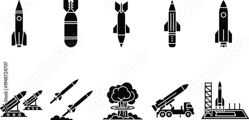 "Collection of ten missile, rocket, and explosion icons in black silhouette style, military defense symbols, aerospace technology illustration for combat, security, warfare, and defense\