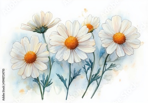 delicate white daisies with golden yellow centers and green stems in a soft watercolor wash, cheerful and serene floral study