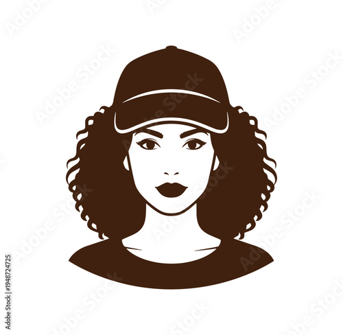 woman with curly hair wearing a baseball cap and looking straight ahead