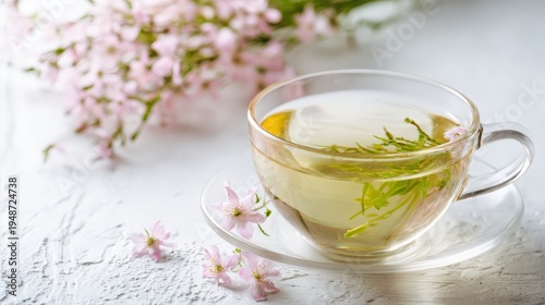 Delicate herbal tea in glass cup with floral accents and soft lighting