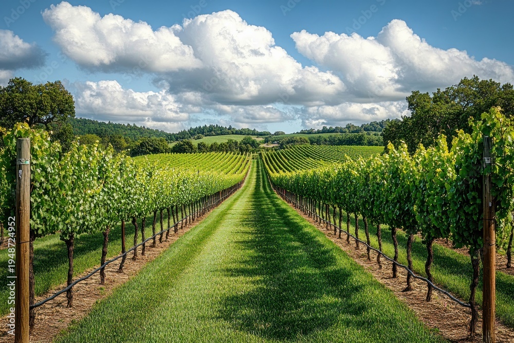 Obraz premium Sunlit vineyard with neat rows of grapevines and a central grassy path leading to rolling hills under a blue sky with fluffy clouds, evoking peaceful rural tranquility