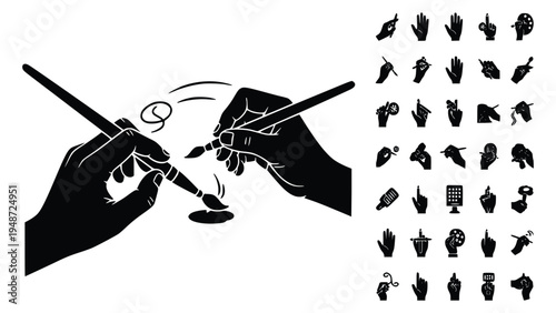 Various hands holding and using paintbrushes for artwork creation