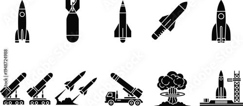 "Collection of diverse missile, rocket, bomb, and launcher silhouettes with nuclear explosion icon, military defense symbols, aerospace technology illustration for combat, warfare, security, and \