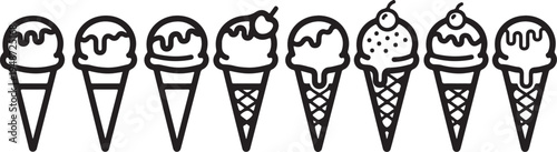 Assorted ice cream cones with various toppings and decorations in black and white Vector