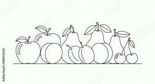 Line Drawing of Various Fresh Fruits.