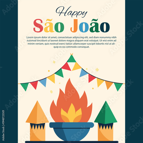 Happy sao joao festival with bonfire and flags