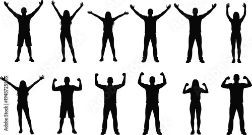 Large collection of black silhouettes featuring people celebrating success, raising hands, showing muscles, and winning poses isolated on white background,