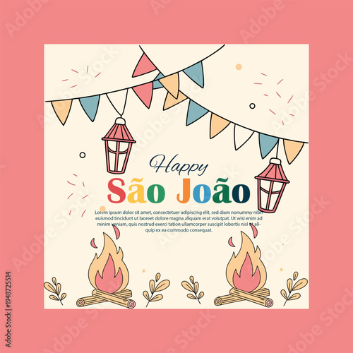 A colorful poster for happy sao joao with lanterns and fires