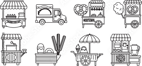 Illustration of various food carts and street food vendors in a monochromatic style Vector