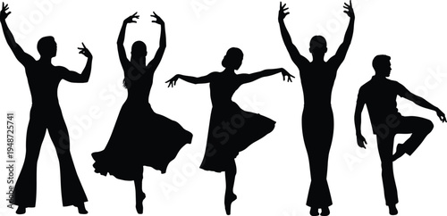 Set of five elegant black silhouettes of male and female ballet and ballroom dancers performing expressive poses on white background.