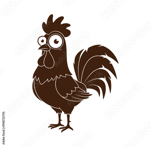 Brown cartoon rooster with large eyes standing on white background