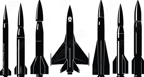 "Row of seven silhouettes featuring missiles and jet aircraft, aerospace vehicle icons, military defense illustration for technology, combat, security, aviation, and strategic warfare visuals"