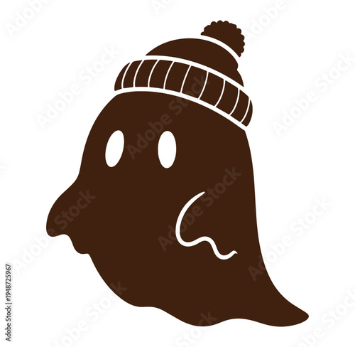 Brown ghost wearing a striped beanie hat with a pom pom on transparent background