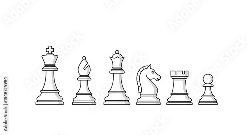 Collection of intricately drawn chess pieces including king, queen, bishop, knight, rook, and pawn in a clean white background