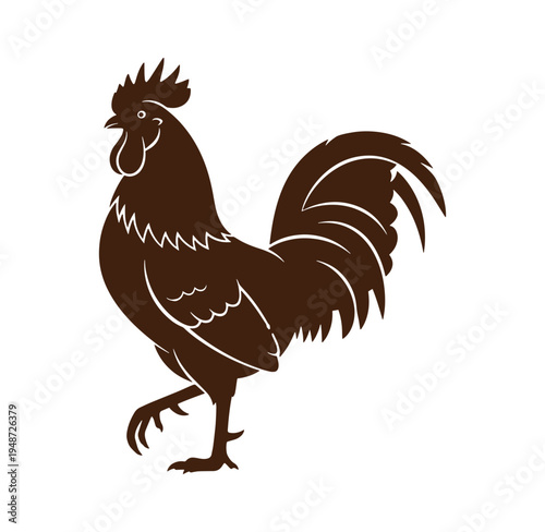 Brown rooster standing on one leg with feathers and comb on head  farm animal silhouette