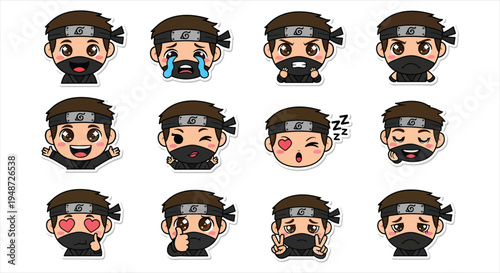 Cute Ninja Character Sticker Set Vector, Kawaii Warrior Mascot Emoji Pack, Cartoon Shinobi Emotes