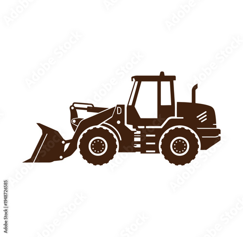 Brown wheel loader machine with large front bucket and tires isolated on white background