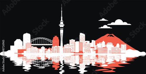 Auckland Skyline Silhouette Vector with Sky Tower and Harbour Bridge