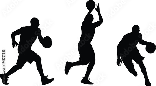 Basketball players silhouettes dynamic action poses, black and white sports illustration, athletes dribbling shooting artwork, competitive game motion drawing