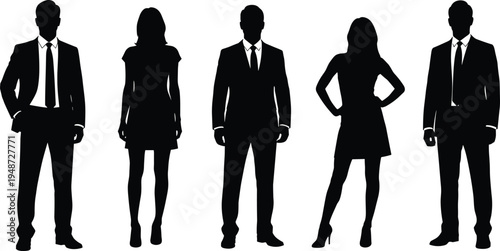 Business people silhouettes group illustration, formal attire artwork, corporate diversity concept, professional workplace design, modern team standing poses drawing