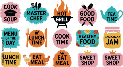 Colorful food labels, cooking stickers, soup, chef, grill, tea time, menu design, healthy food, jam, sweet shop, lunch, meal