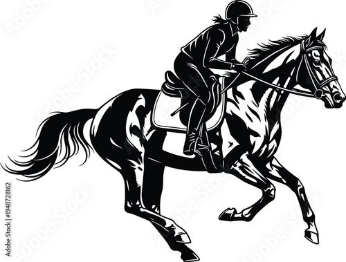 Equestrian rider on horse silhouette, black and white sports illustration, dynamic motion artwork, competitive horse riding action, athlete in protective gear