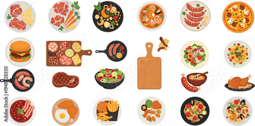 Food illustration collection diverse dishes grid, culinary artwork showcasing meals, international cuisine variety, cooking inspiration design, restaurant menu concept artwork