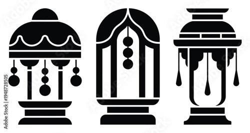 Stylized Black Silhouettes of Three Decorative Lanterns