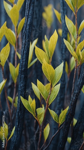New green leaves sprout from blackened, charred branches, symbolizing nature's resilience and renewal after a fire.