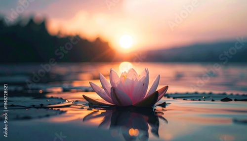 Lotus flower floating on water at sunset, with golden light reflecting