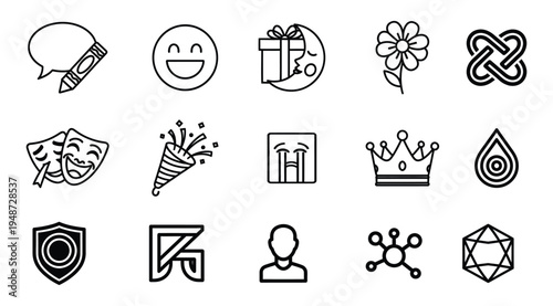 Collection of  unique black and white line art icons on a white background for various uses