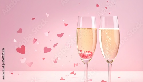 Two champagne flutes with hearts; soft pink background