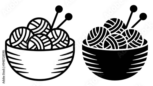 Two stylized bowls filled with yarn balls and knitting needles, one in outline and one in silhouette