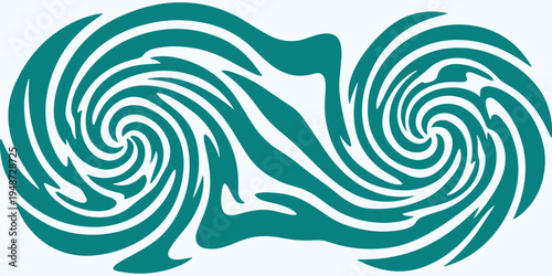 A stylized teal swirl design with a flowing abstract pattern on a white background