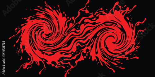 A vibrant red abstract design with swirling patterns on a black background