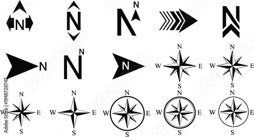Vector collection of compass rose and north arrow icons for navigation and mapping