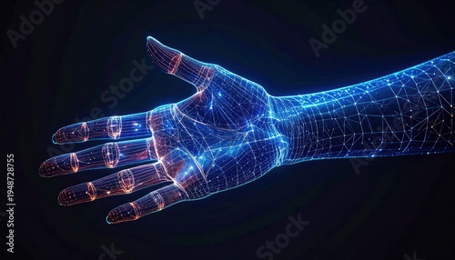 3D rendered hand with wireframe and glowing lines against black background