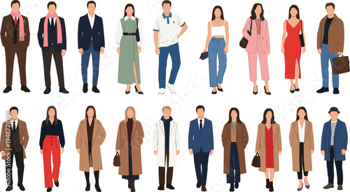 Modern fashion diverse group illustration, stylish outfits collection, business and casual attire artwork, contemporary clothing design inspiration, character style showcase
