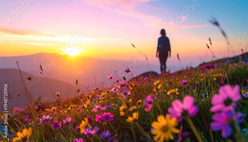 Hiker enjoys vibrant sunset over blooming wildflowers on a mountaintop